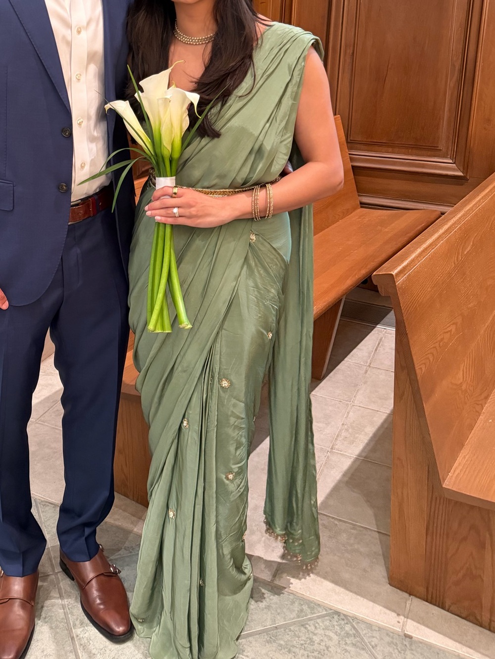 Elegant Sage Green prepleated Saree with Subtle Embroidery, with blouse and belt
